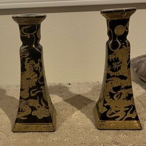 Elegant Black and Gold Chines Style Candle Holders with Dragon Motif